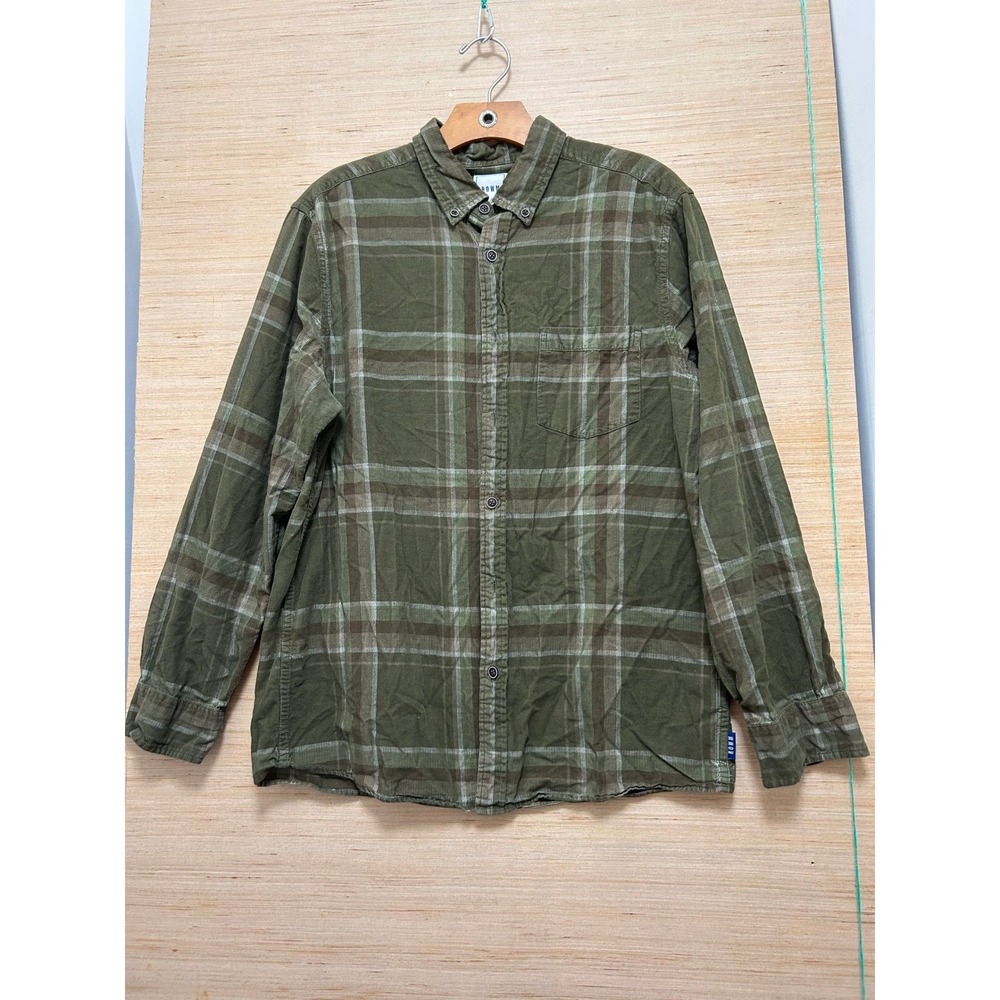 ROWM Olive‎ Green Plaid Corduroy Button Down Long Sleeve Shirt Men's Size M